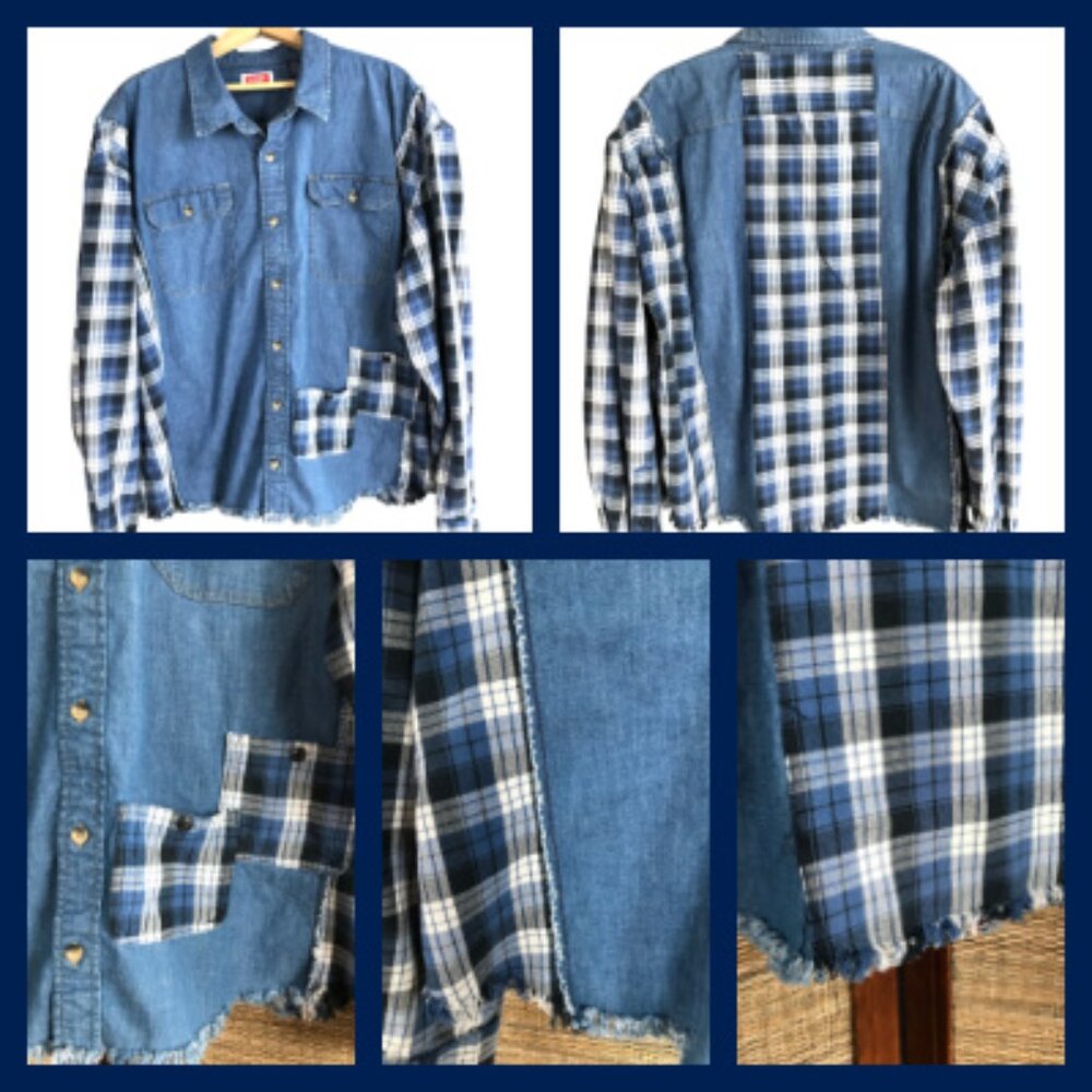 Upcycled Denim Plaid Flannel Jean Jacket, Boho Patchwork Shirt Plus Size XL - 2X - Picture 9 of 9